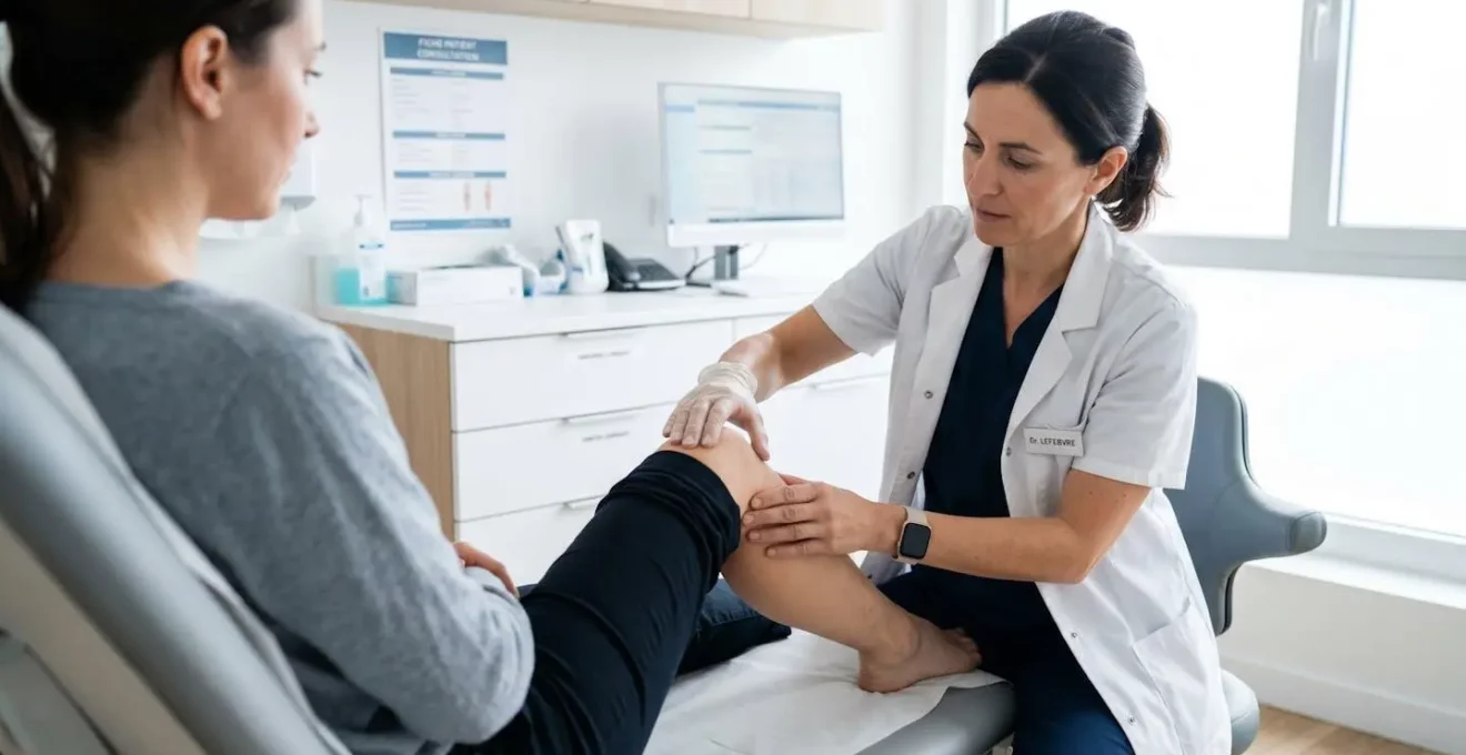 Un médecin examine le genou d'un patient assis en testant manuellement la stabilité articulaire dans un cabinet médical lumineux et contemporain
