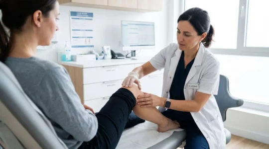 Un médecin examine le genou d'un patient assis en testant manuellement la stabilité articulaire dans un cabinet médical lumineux et contemporain
