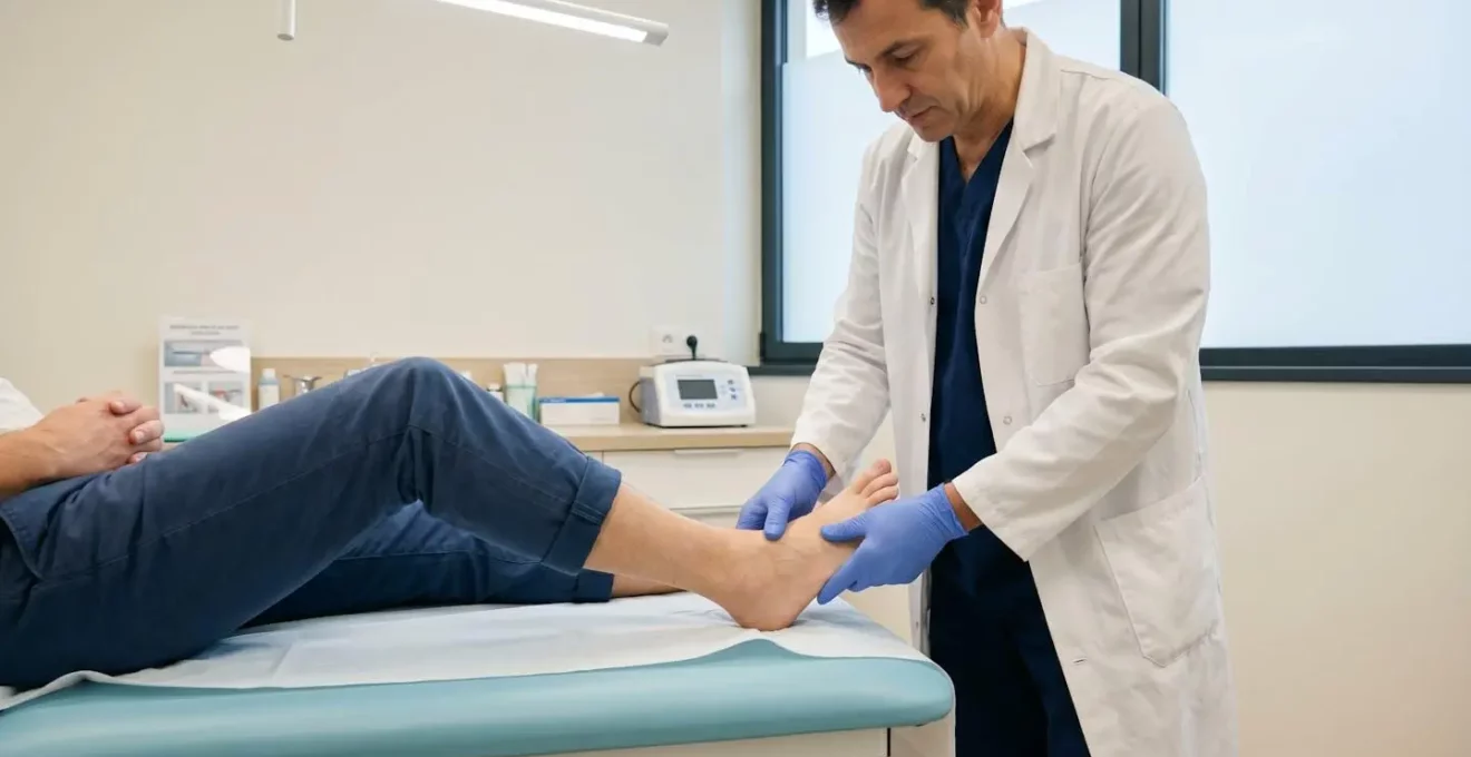 Vue rapprochée des mains gantées d'un médecin examinant le pied d'un patient sur une table d'examen, environnement médical moderne et lumineux