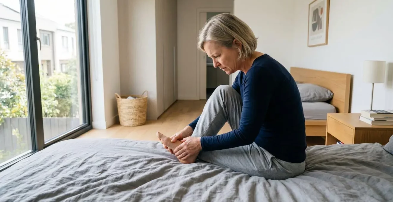 Vue de dos d'une femme d'une cinquantaine d'années assise au bord du lit tenant son pied, lumière matinale naturelle, chambre contemporaine