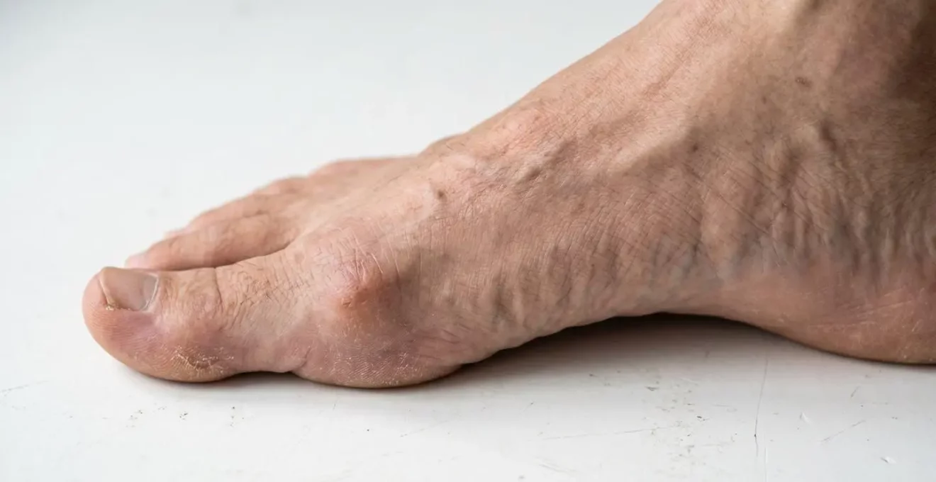 Gros plan sur un pied nu montrant une déviation visible du gros orteil vers l'extérieur, photographie documentaire médicale sur fond blanc