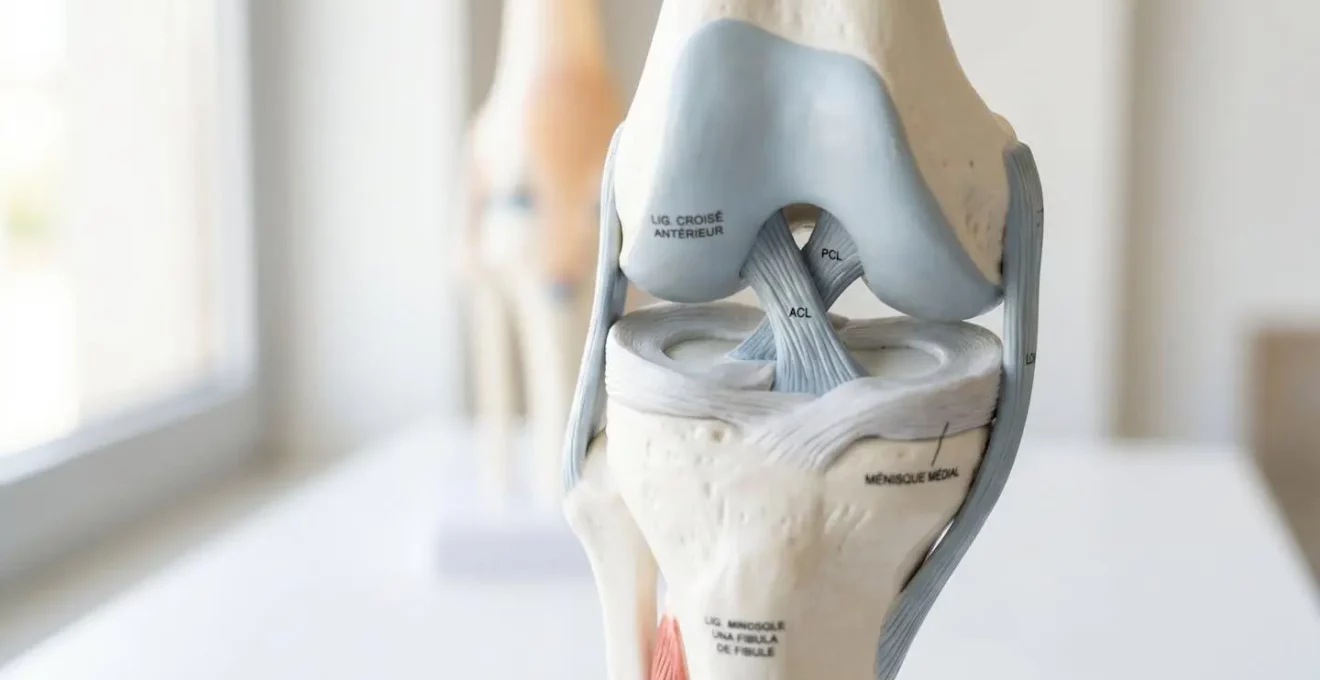 Gros plan détaillé sur un modèle anatomique moderne de genou montrant les ménisques et ligaments avec un éclairage latéral créant du relief sur fond blanc épuré