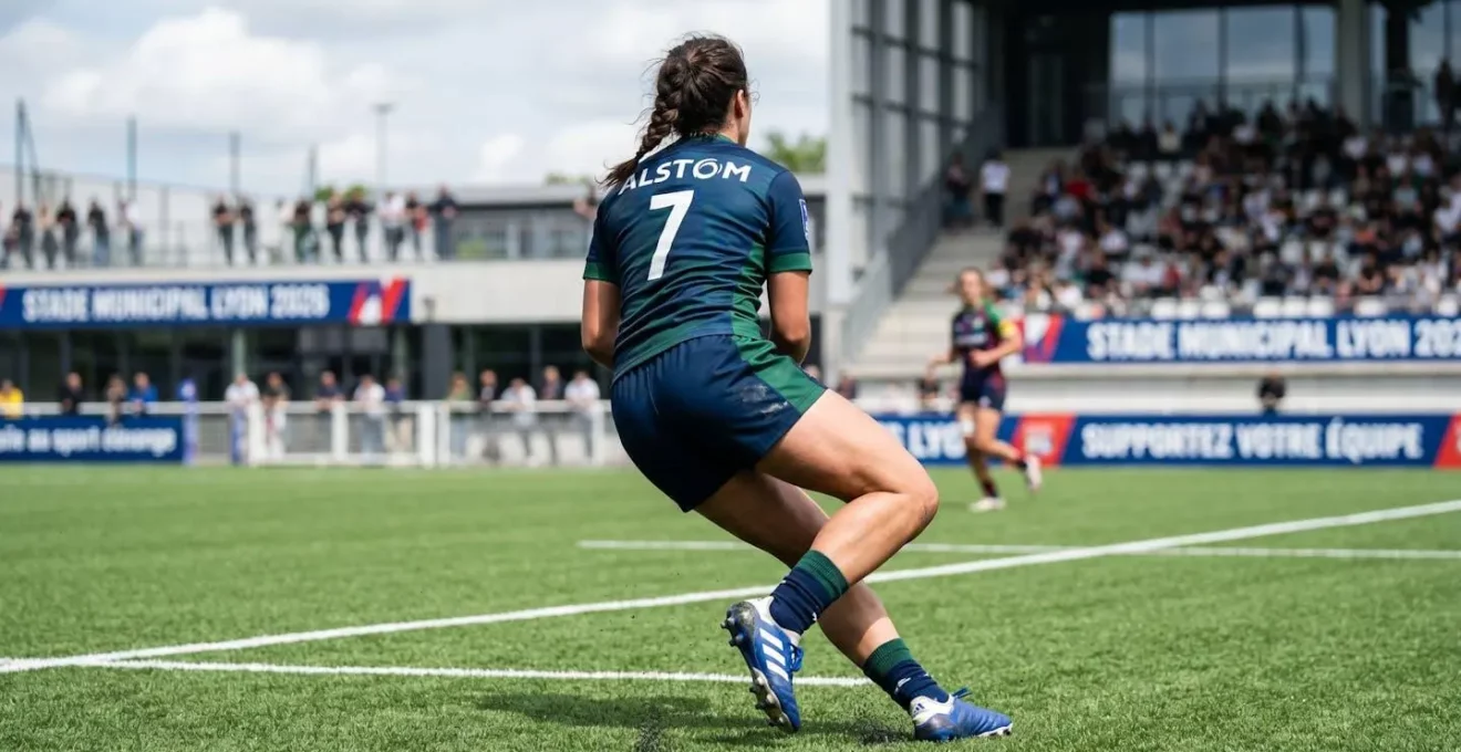 Sportif vu de dos effectuant un mouvement de pivot sur un terrain de sport synthétique moderne avec focus sur la position des jambes et du genou en contrainte