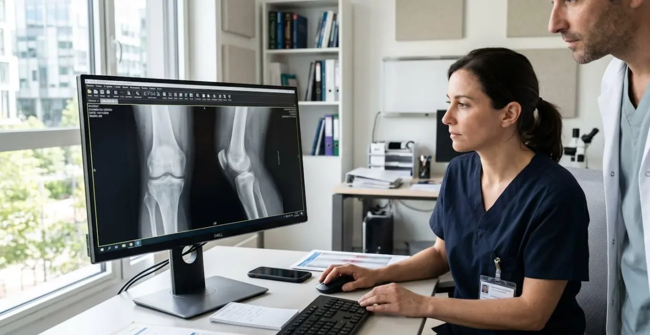 Écran médical affichant une radiographie de genou dans un cabinet d'orthopédie moderne avec équipement contemporain