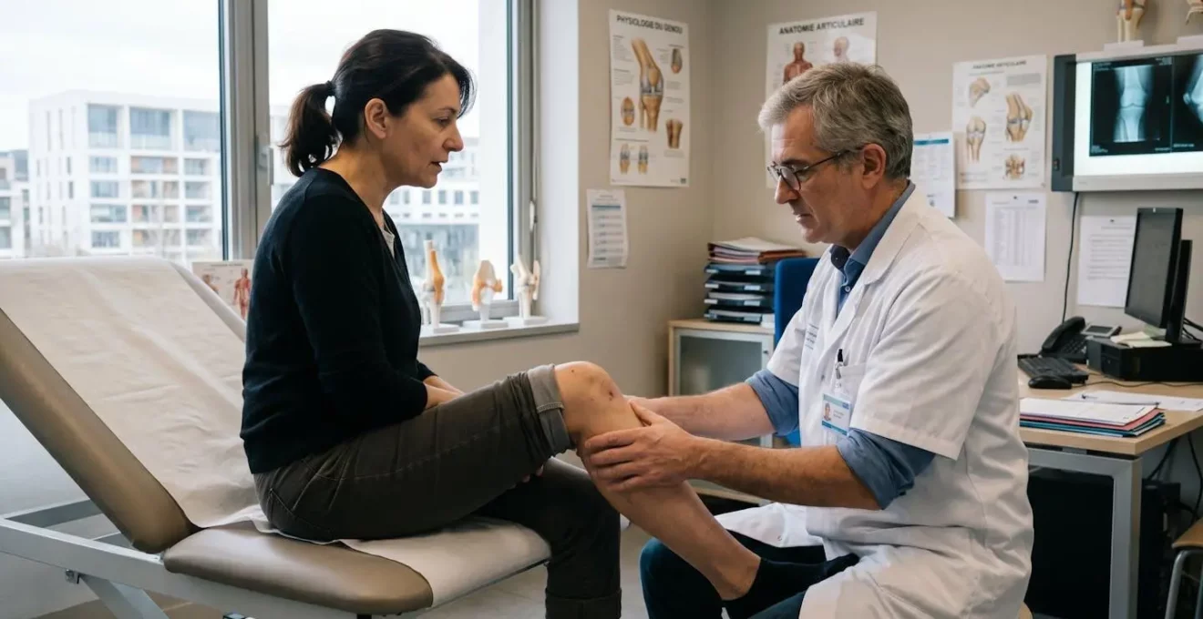 Médecin orthopédiste en blouse examinant le genou d'un patient lors d'une consultation en cabinet médical contemporain