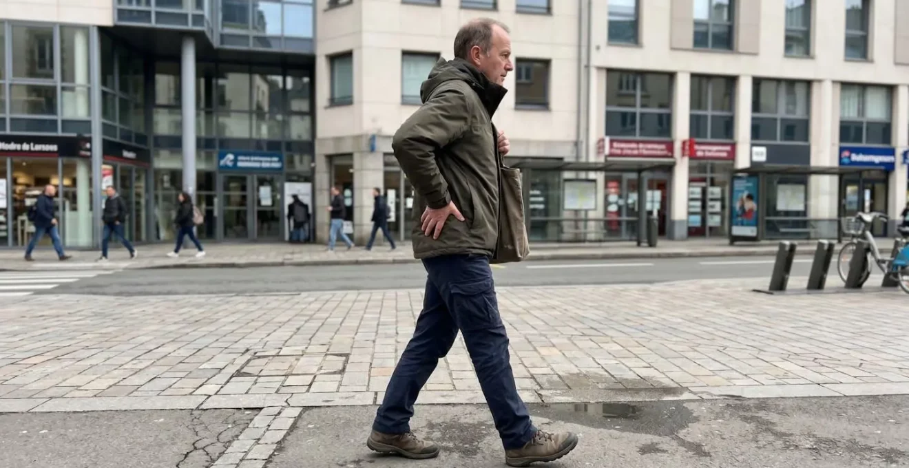 Personne d'âge moyen marchant en ville avec une main sur la hanche, suggérant une gêne articulaire lors de la marche